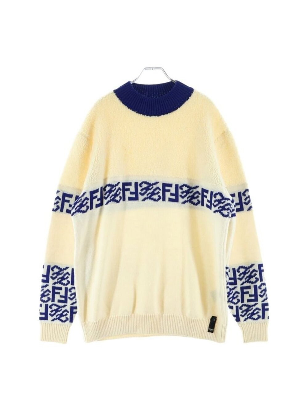 Fendi Crew Neck Logo Design Fleece Knit Sweater Ivory Blue 52